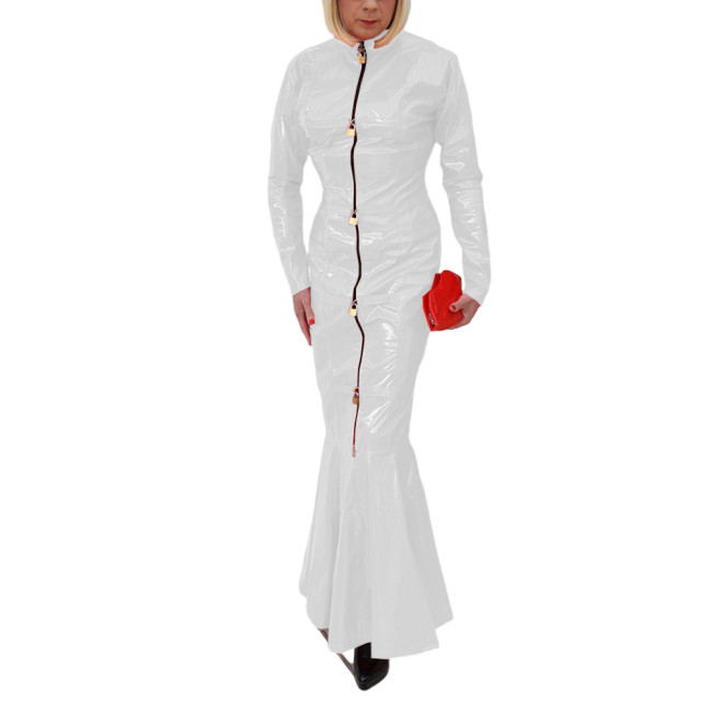 Sexy Club Fetish PVC Leather Ladies Erotic Front Zip-up Lockable Slim Hobble Long Dress Full Sleeve Sheath Bodycon Mermaid Dress
