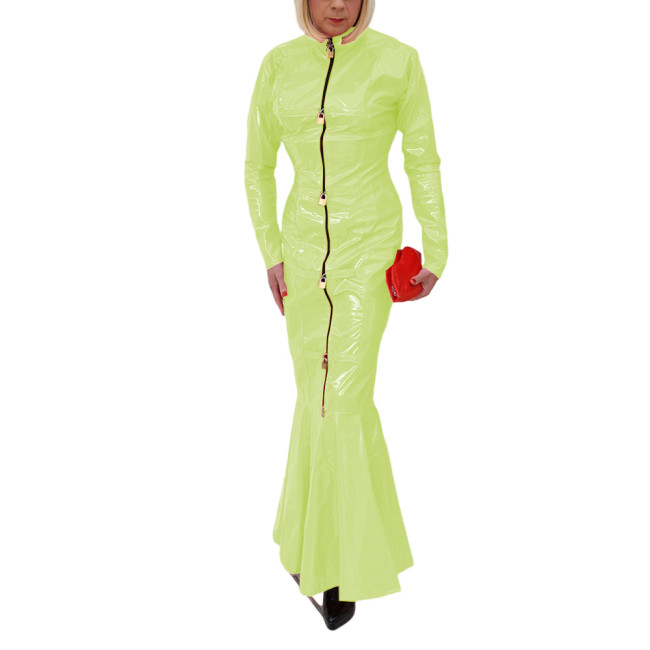 Sexy Club Fetish PVC Leather Ladies Erotic Front Zip-up Lockable Slim Hobble Long Dress Full Sleeve Sheath Bodycon Mermaid Dress