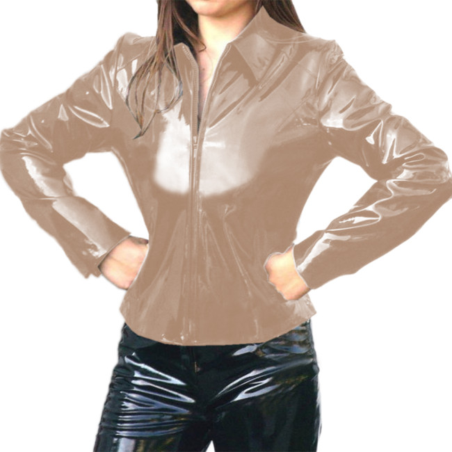 Ladies Turn-down Collar Faux Shirt Punk Long Sleeve PVC Leather Jacket for Women Slim Jacket Sexy Club Coat Gothic S-7XL