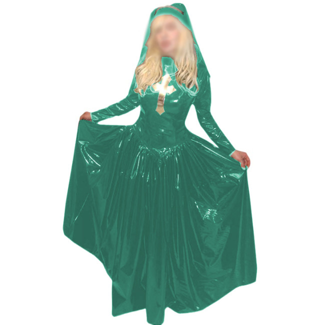 Nun Cosplay Costume Uniform Turtleneck Long Sleeve Patchwork Silver Cross Long Dress With Headgear Slim Fit and Flare Dress 7XL