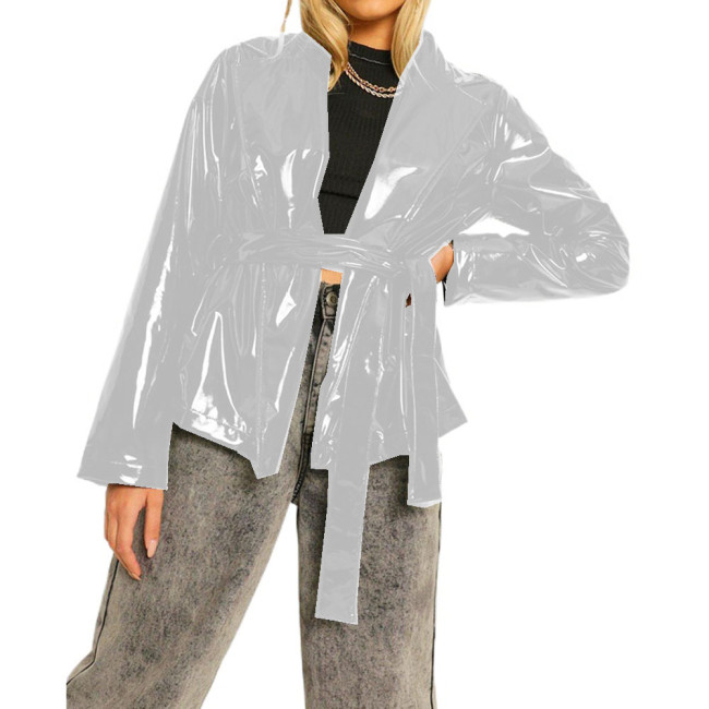 Women Loose Long Sleeve Turn-down Neck Motor Jacket Glossy PVC Leather Open Stitch Jackets With Belt Cardigan Coats Clubwear 7XL