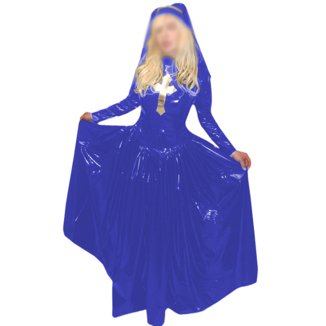 Nun Cosplay Costume Uniform Turtleneck Long Sleeve Patchwork Silver Cross Long Dress With Headgear Slim Fit and Flare Dress 7XL
