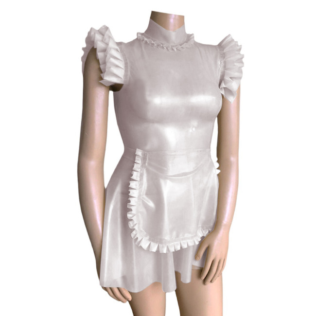 Sissy Costumes Fetish Clear Maid Dress Turtleneck Ruffles PVC Flying Sleeve Frills Maid Dress with Apron Cosplay Unifroms Lolita