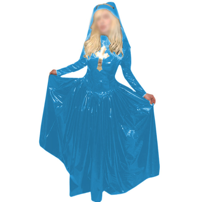 Nun Cosplay Costume Uniform Turtleneck Long Sleeve Patchwork Silver Cross Long Dress With Headgear Slim Fit and Flare Dress 7XL