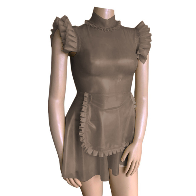 Sissy Costumes Fetish Clear Maid Dress Turtleneck Ruffles PVC Flying Sleeve Frills Maid Dress with Apron Cosplay Unifroms Lolita