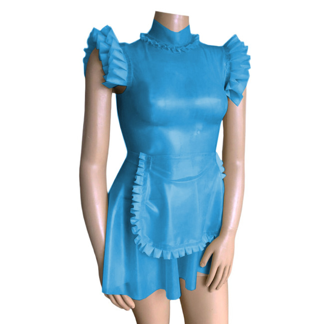 Sissy Costumes Fetish Clear Maid Dress Turtleneck Ruffles PVC Flying Sleeve Frills Maid Dress with Apron Cosplay Unifroms Lolita
