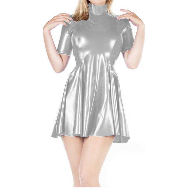 Glossy PVC Leather Slim Fit and Flare Pleated Short Dress Party Club Vestidos Sexy Turtleneck Short Sleeve Mini Skirt Dress