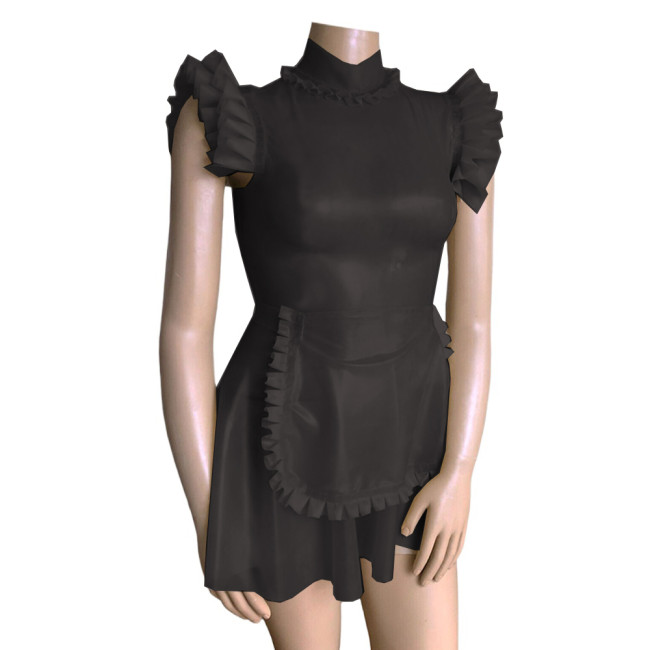 Sissy Costumes Fetish Clear Maid Dress Turtleneck Ruffles PVC Flying Sleeve Frills Maid Dress with Apron Cosplay Unifroms Lolita