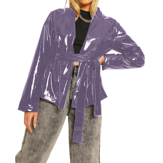 Women Loose Long Sleeve Turn-down Neck Motor Jacket Glossy PVC Leather Open Stitch Jackets With Belt Cardigan Coats Clubwear 7XL