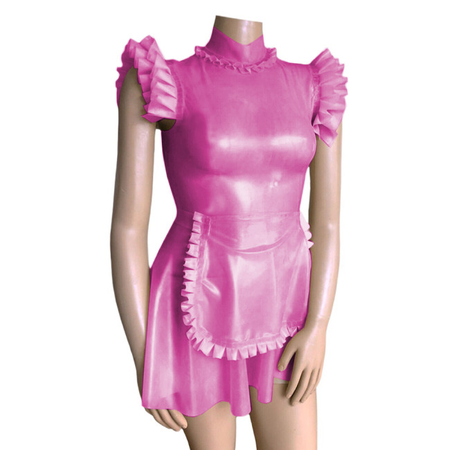 Sissy Costumes Fetish Clear Maid Dress Turtleneck Ruffles PVC Flying Sleeve Frills Maid Dress with Apron Cosplay Unifroms Lolita