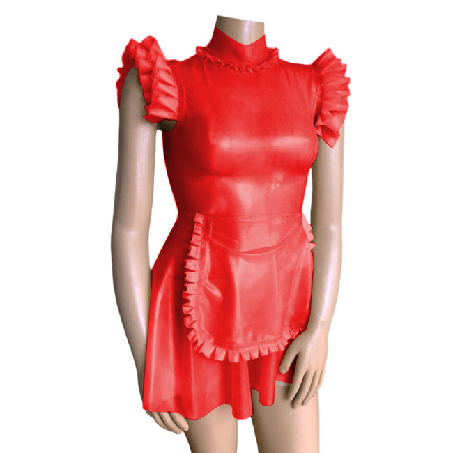 Sissy Costumes Fetish Clear Maid Dress Turtleneck Ruffles PVC Flying Sleeve Frills Maid Dress with Apron Cosplay Unifroms Lolita
