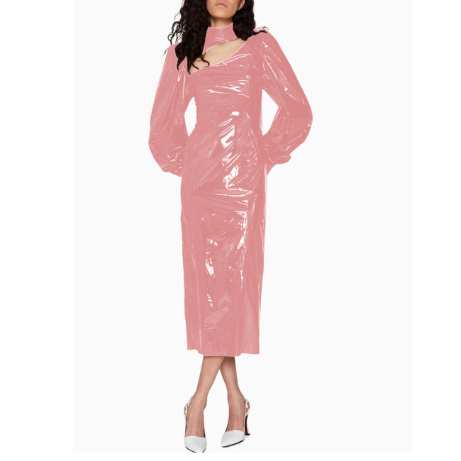 Fashion Bubble Long Sleeve Midi Dress for Women High Street Shiny PVC Leather Rear Split Dress Elegant Ladies Party Pencil Dress