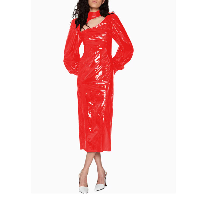 Fashion Bubble Long Sleeve Midi Dress for Women High Street Shiny PVC Leather Rear Split Dress Elegant Ladies Party Pencil Dress