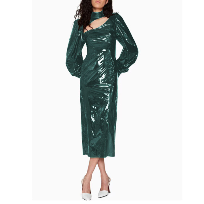 Fashion Bubble Long Sleeve Midi Dress for Women High Street Shiny PVC Leather Rear Split Dress Elegant Ladies Party Pencil Dress