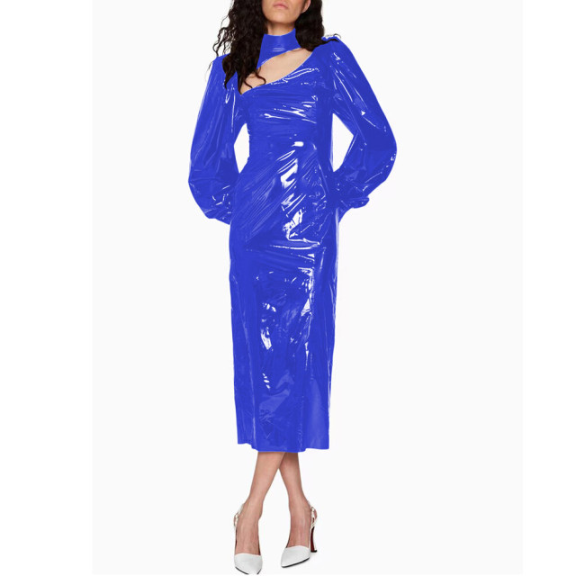 Fashion Bubble Long Sleeve Midi Dress for Women High Street Shiny PVC Leather Rear Split Dress Elegant Ladies Party Pencil Dress