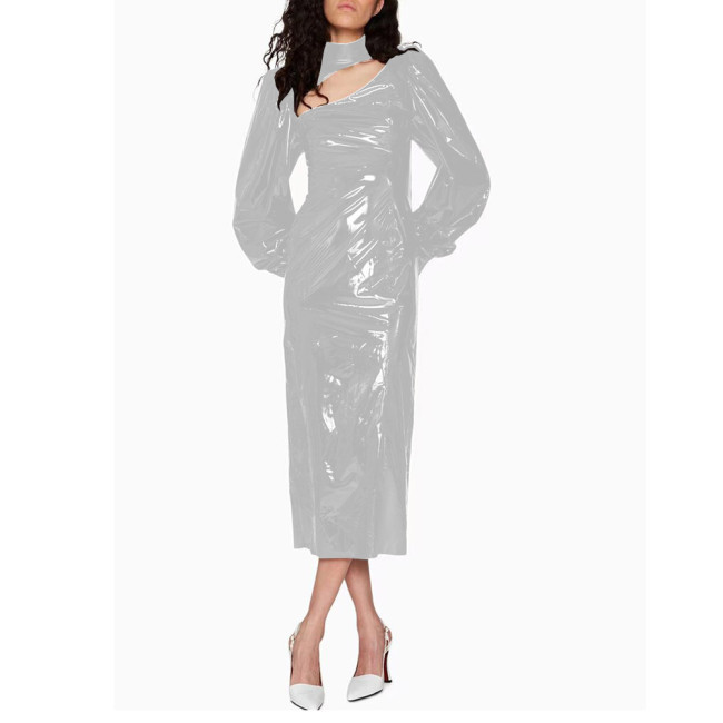 Fashion Bubble Long Sleeve Midi Dress for Women High Street Shiny PVC Leather Rear Split Dress Elegant Ladies Party Pencil Dress