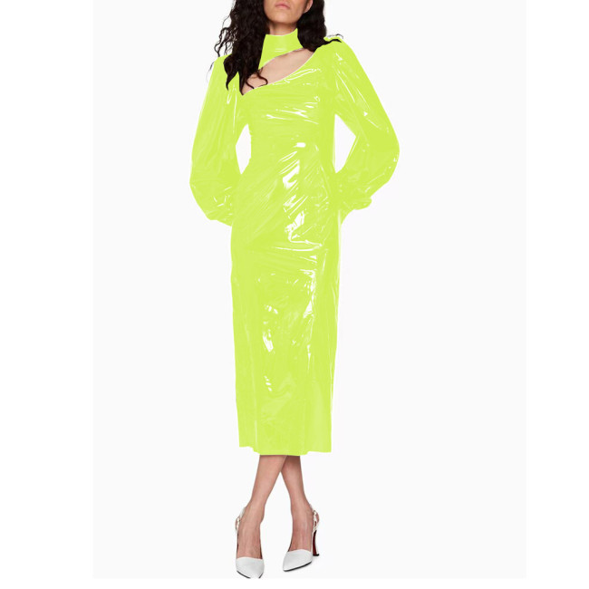 Fashion Bubble Long Sleeve Midi Dress for Women High Street Shiny PVC Leather Rear Split Dress Elegant Ladies Party Pencil Dress