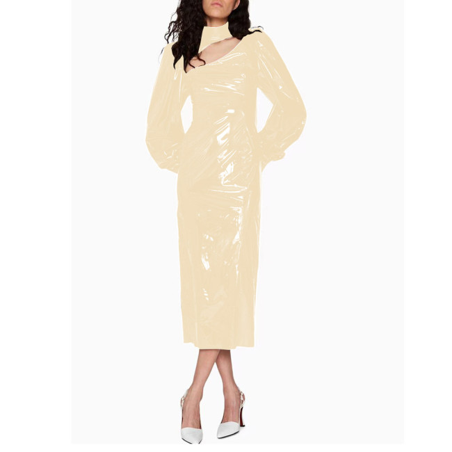 Fashion Bubble Long Sleeve Midi Dress for Women High Street Shiny PVC Leather Rear Split Dress Elegant Ladies Party Pencil Dress