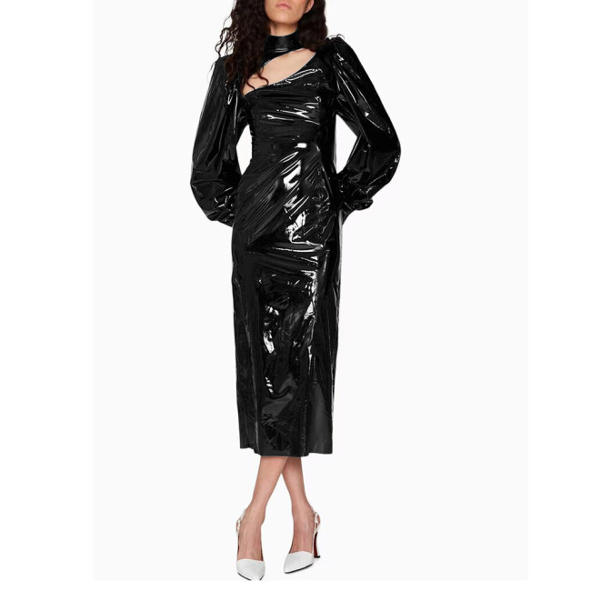 Fashion Bubble Long Sleeve Midi Dress for Women High Street Shiny PVC Leather Rear Split Dress Elegant Ladies Party Pencil Dress