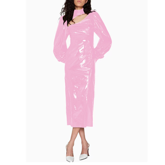 Fashion Bubble Long Sleeve Midi Dress for Women High Street Shiny PVC Leather Rear Split Dress Elegant Ladies Party Pencil Dress
