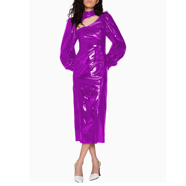 Fashion Bubble Long Sleeve Midi Dress for Women High Street Shiny PVC Leather Rear Split Dress Elegant Ladies Party Pencil Dress