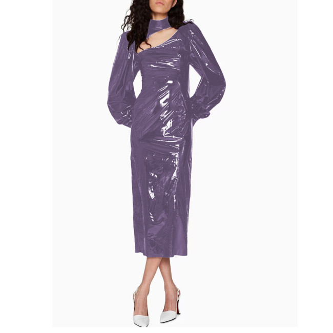 Fashion Bubble Long Sleeve Midi Dress for Women High Street Shiny PVC Leather Rear Split Dress Elegant Ladies Party Pencil Dress