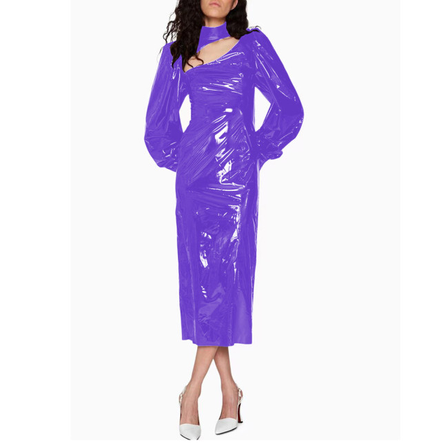 Fashion Bubble Long Sleeve Midi Dress for Women High Street Shiny PVC Leather Rear Split Dress Elegant Ladies Party Pencil Dress