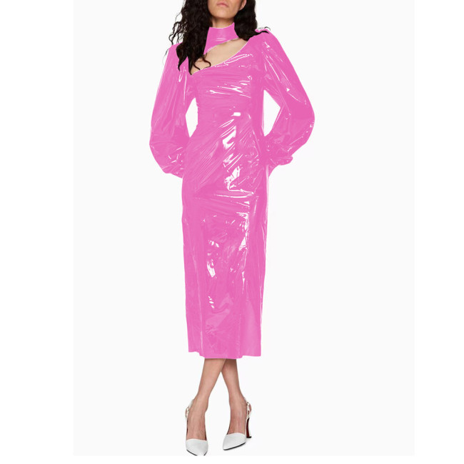 Fashion Bubble Long Sleeve Midi Dress for Women High Street Shiny PVC Leather Rear Split Dress Elegant Ladies Party Pencil Dress