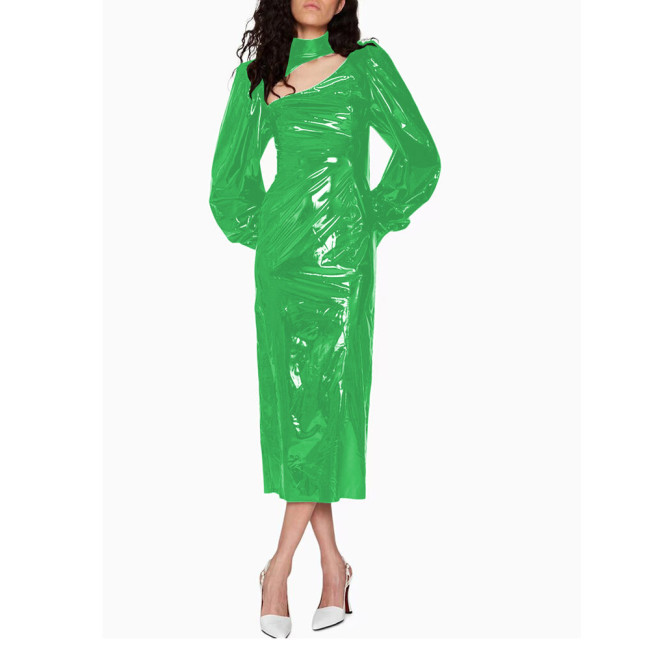 Fashion Bubble Long Sleeve Midi Dress for Women High Street Shiny PVC Leather Rear Split Dress Elegant Ladies Party Pencil Dress