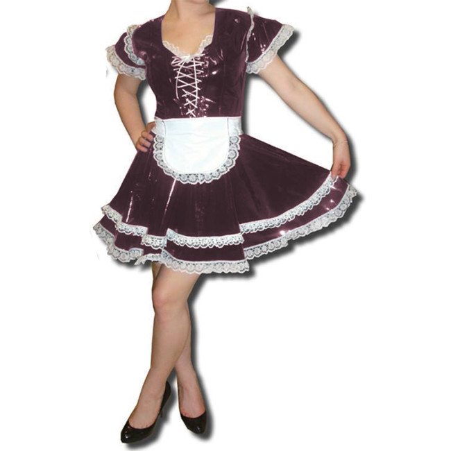 Maid Uniform Sexy Lace Trims Short Sleeve Front Lace-up Pleated Mini Dress With Apron Cute Lolita Maid Lovely Cosplay Costume