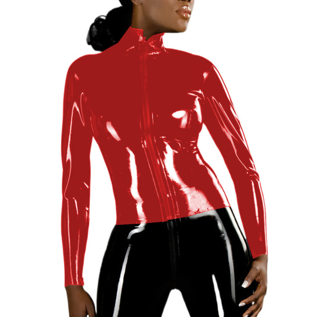 Sexy Front Zipper Jackets Glossy PVC Long Sleeve Slim Fit Shirt Sheath Tops Blouse Faux Leather Night Club Office Lady S-7XL