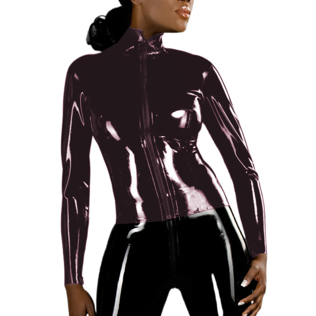 Sexy Front Zipper Jackets Glossy PVC Long Sleeve Slim Fit Shirt Sheath Tops Blouse Faux Leather Night Club Office Lady S-7XL