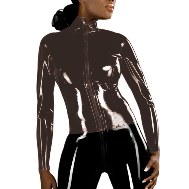 Sexy Front Zipper Jackets Glossy PVC Long Sleeve Slim Fit Shirt Sheath Tops Blouse Faux Leather Night Club Office Lady S-7XL