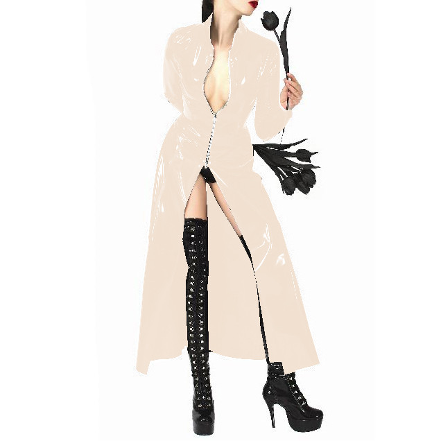 Sexy Long Sleeve Stand Neck Trench Glossy PVC Leather Deep V Neck Front Zipper Maxi Jackets Coats Street Club Halloween Costume