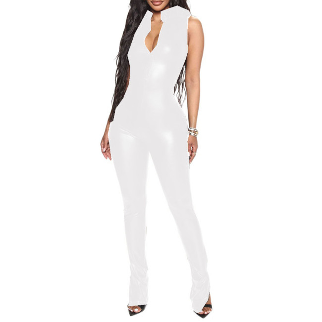 Skinny Matte PU Leather Sexy Stand Collar Sleeveless Front Zipper Open Chest Jumpsuit Catsuits Rompers Party Club  Night S-7XL