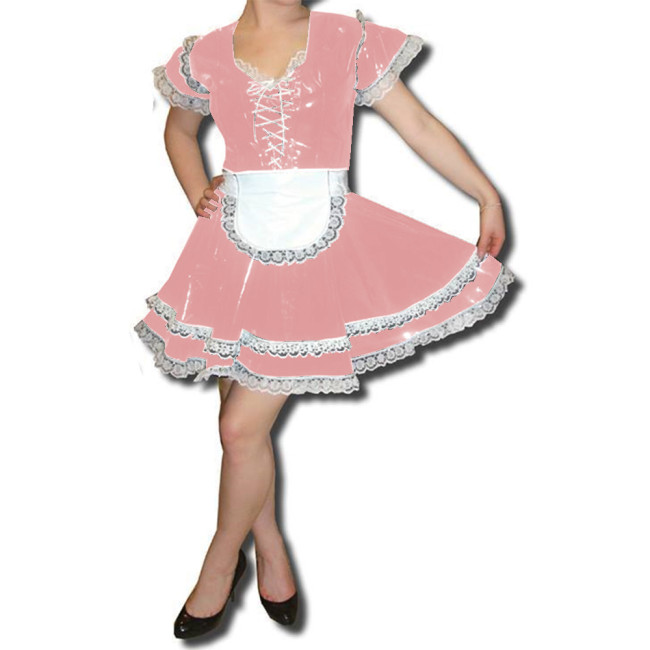 Maid Uniform Sexy Lace Trims Short Sleeve Front Lace-up Pleated Mini Dress With Apron Cute Lolita Maid Lovely Cosplay Costume