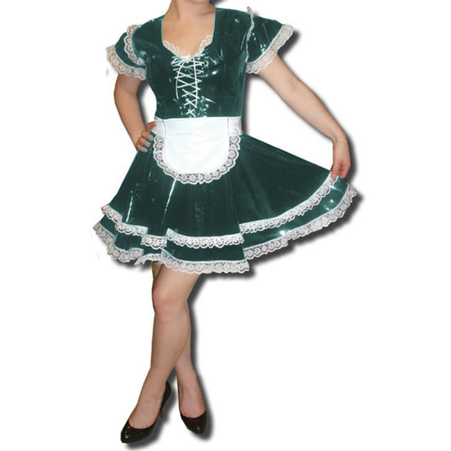 Maid Uniform Sexy Lace Trims Short Sleeve Front Lace-up Pleated Mini Dress With Apron Cute Lolita Maid Lovely Cosplay Costume