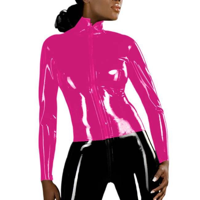 Sexy Front Zipper Jackets Glossy PVC Long Sleeve Slim Fit Shirt Sheath Tops Blouse Faux Leather Night Club Office Lady S-7XL