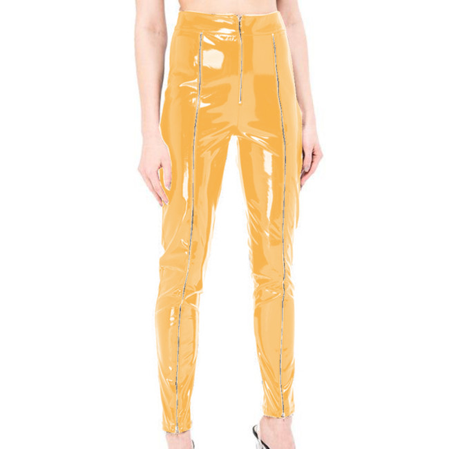 Sexy Skinny Glossy PVC Leather Pencil Pants Front Zipper Slim Fit Long Pants Trousers Faux Exotic Bottoms Club Lingerie