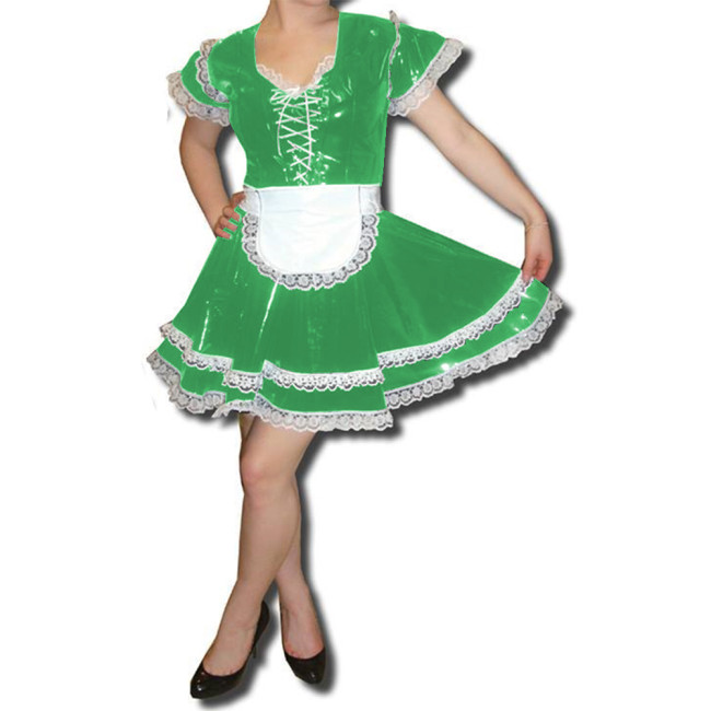 Maid Uniform Sexy Lace Trims Short Sleeve Front Lace-up Pleated Mini Dress With Apron Cute Lolita Maid Lovely Cosplay Costume