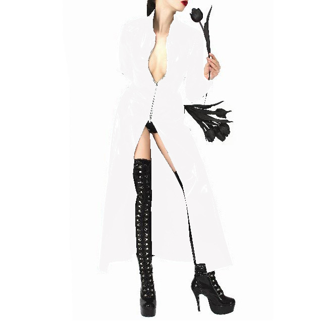 Sexy Long Sleeve Stand Neck Trench Glossy PVC Leather Deep V Neck Front Zipper Maxi Jackets Coats Street Club Halloween Costume