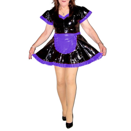 Wet Look French Maid Dress Short Sleeve Deep V Neck Sexy PVC Leather Maid Mini Dress With Apron Sissy Costumes Sexi Night Dress