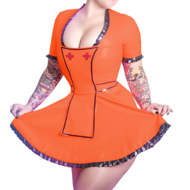 Wetlook PVC Scoop Neck Sexy Costumes Nurse Doctor Cosplay Short Sleeve Faux Latex Dress with Apron Nurse Halloween Lingerie 7XL