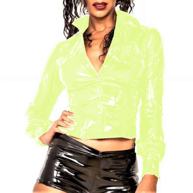 Wet Look PVC Full Sleeve Jackets Button Down Slim Fit Streetwear Costumes Fuax Latex Single Breasted Short Coats Club Female 7XL