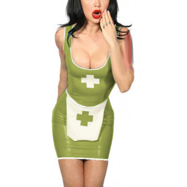Tank Scoop Neck Sexy Nurse Dress Glossy PVC Halloween Cosplay Costumes Sleeveless Pencil Mini Dress with Apron Nurse Lingerie
