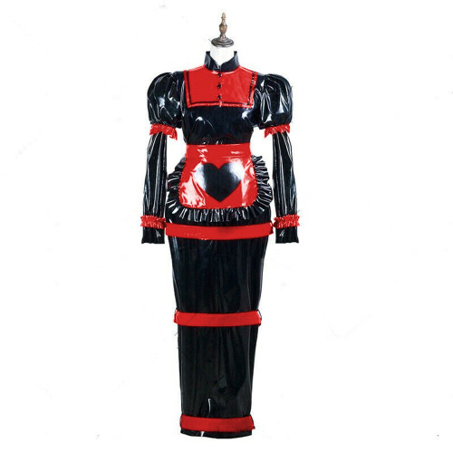 Maid Cosplay Adult Dress Sissy Long Dress Lockable WetLook PVC Leather Hobble Maxi Dress With Heart Apron Costumes Halloween 7XL