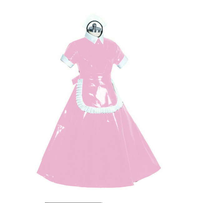Lockable PVC French Maid Cosplay Short Sleeve Turtleneck Long Dress with Apron Maid Servant Outfit Rave Club Costumes Role Play