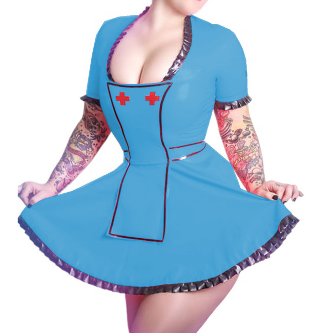 Wetlook PVC Scoop Neck Sexy Costumes Nurse Doctor Cosplay Short Sleeve Faux Latex Dress with Apron Nurse Halloween Lingerie 7XL