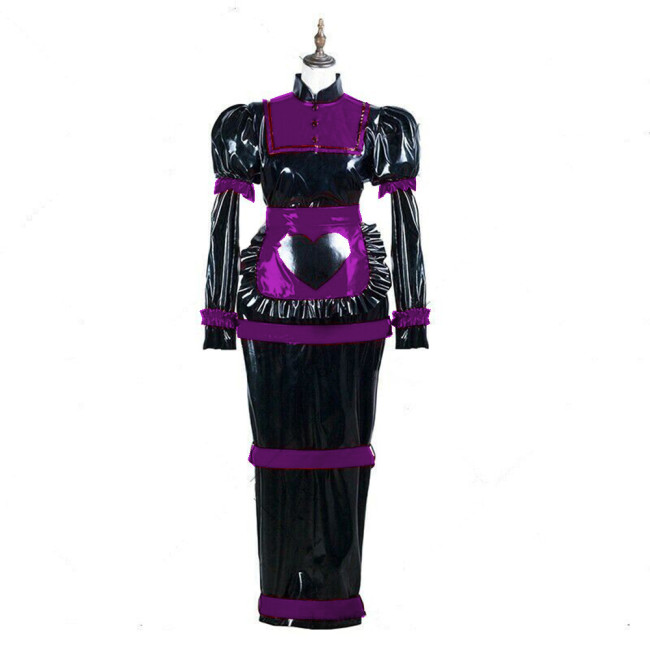 Maid Cosplay Adult Dress Sissy Long Dress Lockable WetLook PVC Leather Hobble Maxi Dress With Heart Apron Costumes Halloween 7XL