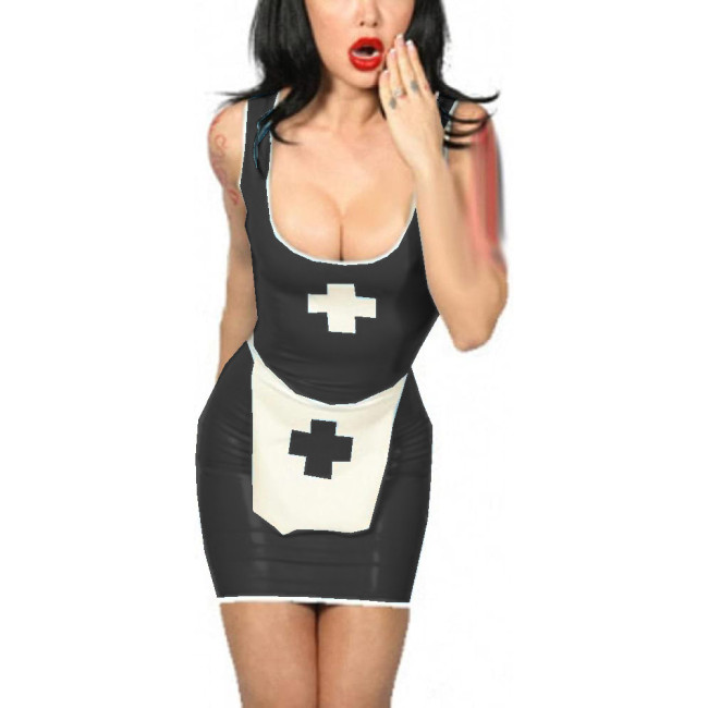 Tank Scoop Neck Sexy Nurse Dress Glossy PVC Halloween Cosplay Costumes Sleeveless Pencil Mini Dress with Apron Nurse Lingerie